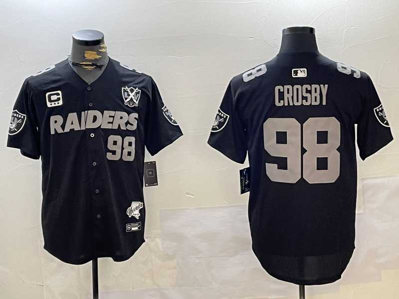 Men%27s Las Vegas Raiders #98 Maxx Crosby Black Nevada Silver State And 65th Patch Stitched Baseball Jersey->las vegas raiders->NFL Jersey